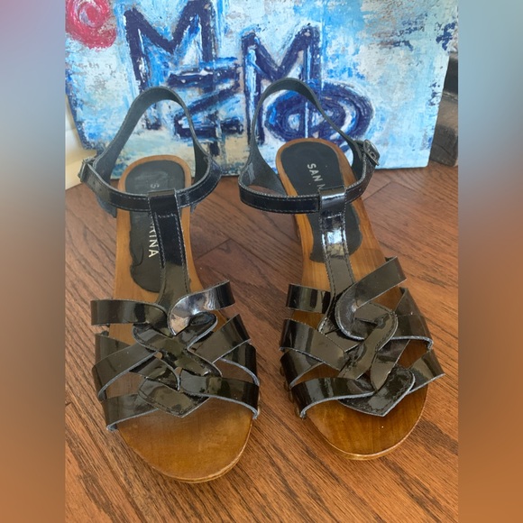Solid Wood Base Leather Upper San Marina Black Patent Sz 38 Italy Heeled Sandals - Picture 5 of 11